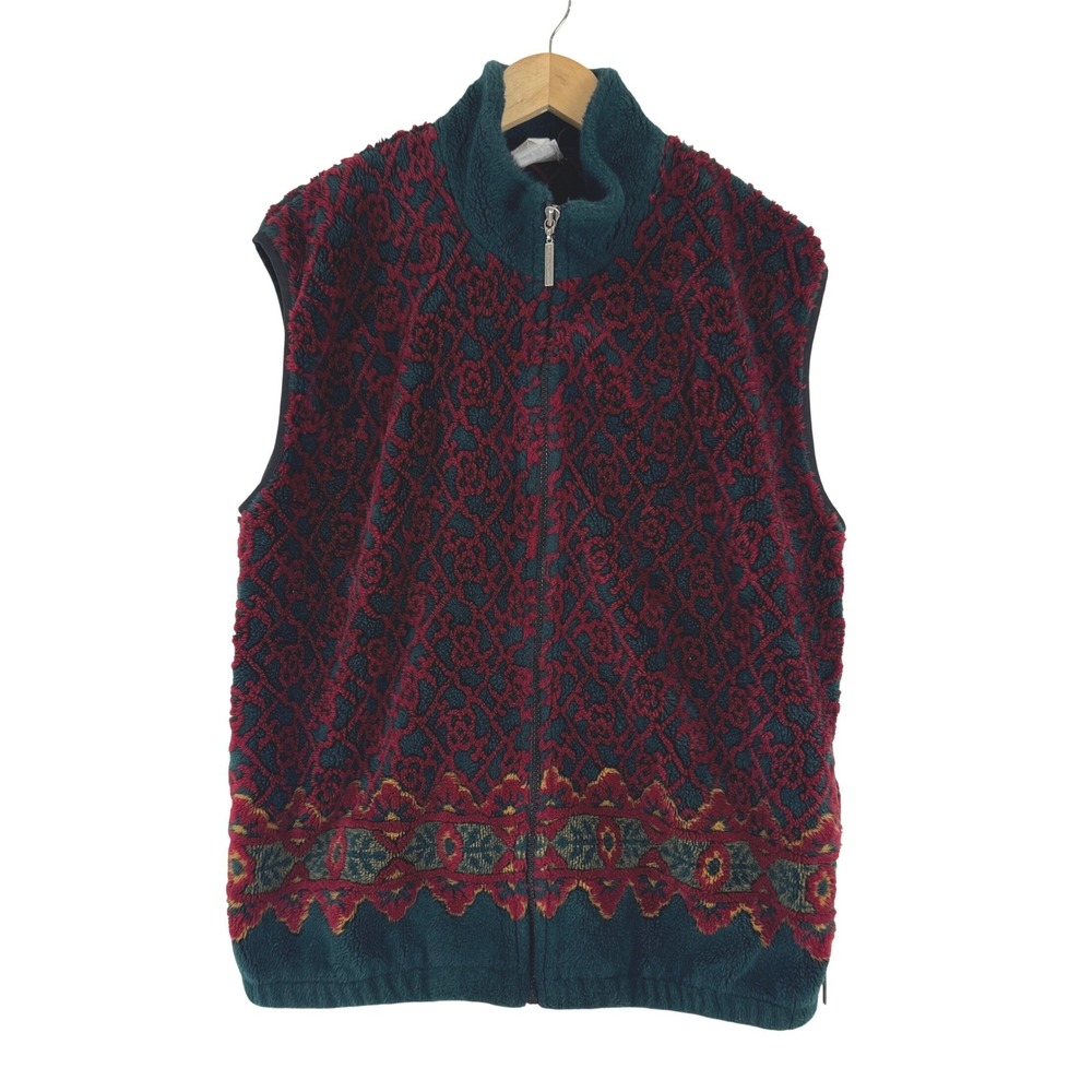 Duffel Outdoor Mens Vintage Fleece Vest Geometric Medallion Green Red 90s Y2K